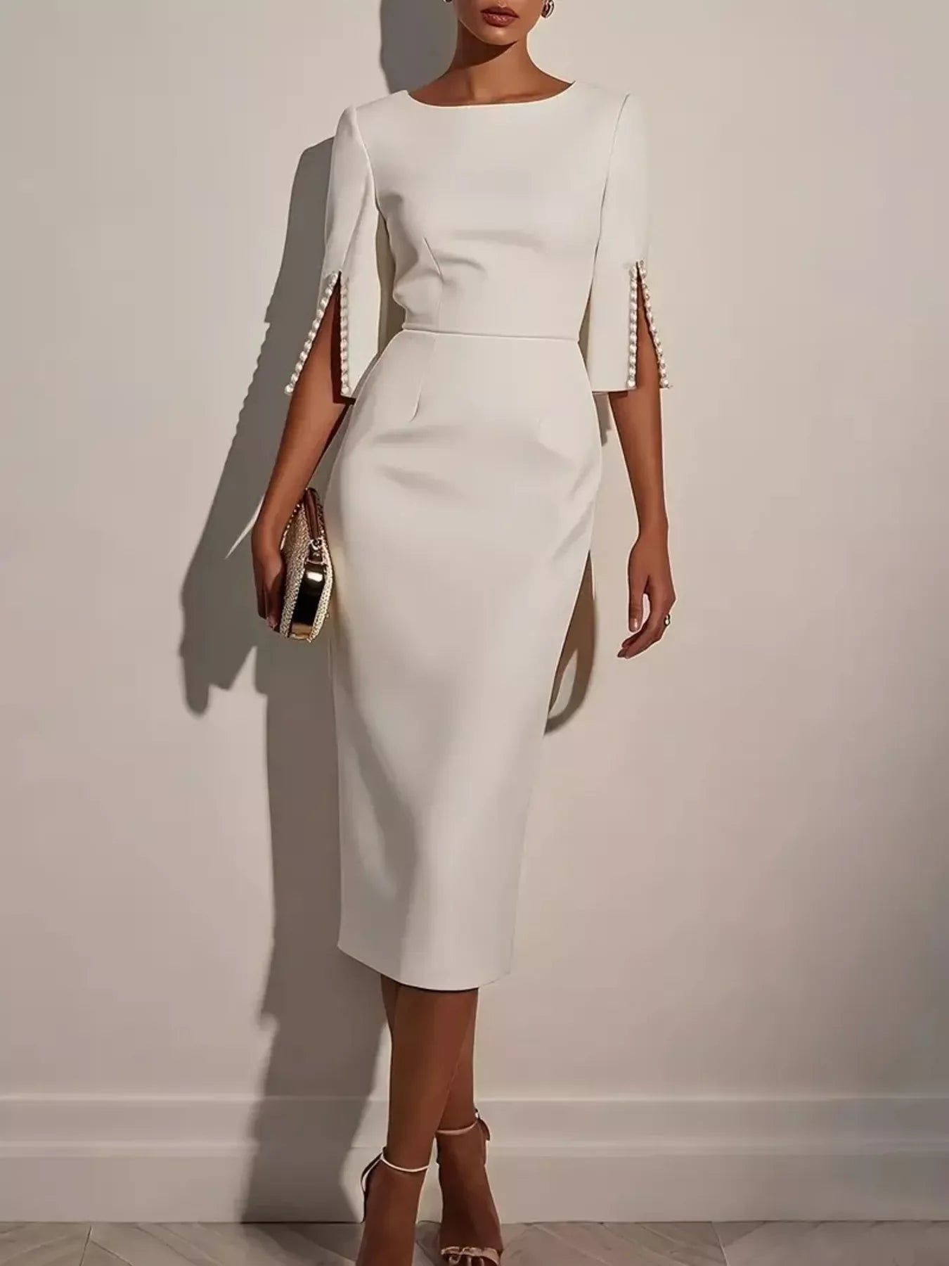 Slim-Fit Elegant Midi Dress with Beaded Slit Sleeve – Classy Lady Boutique