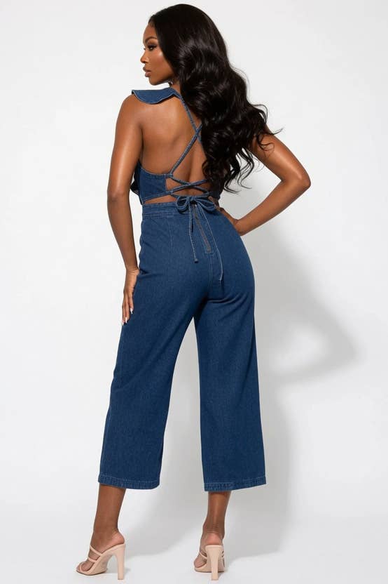 RUFFLE OPEN BACK WIDE LEG DENIM JUMPSUIT