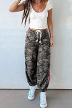 Green Camouflage Print Striped Side Panel Patchwork Drawstring Pants