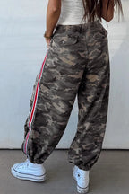 Green Camouflage Print Striped Side Panel Patchwork Drawstring Pants