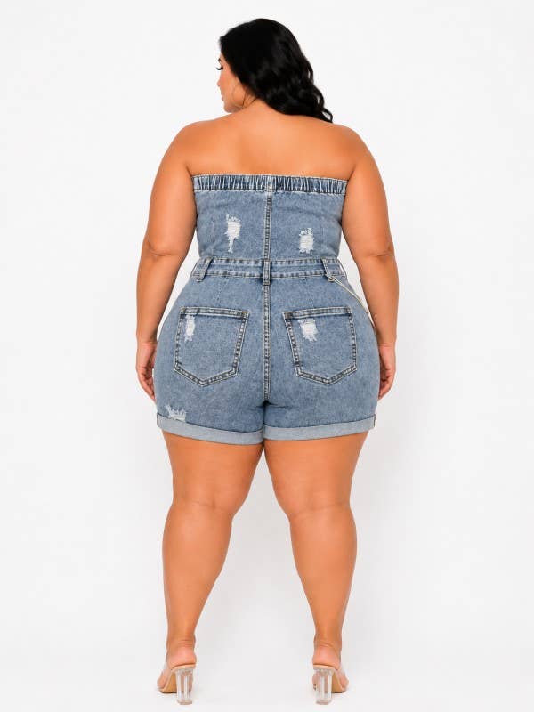 Plus size Tube Top Vintage Stretch Denim Cargo Short Rompers