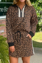 Khaki Leopard Print Quarter Zip Long Sleeve Top Mini Skirt Set