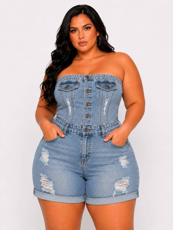 Plus size Tube Top Vintage Stretch Denim Cargo Short Rompers