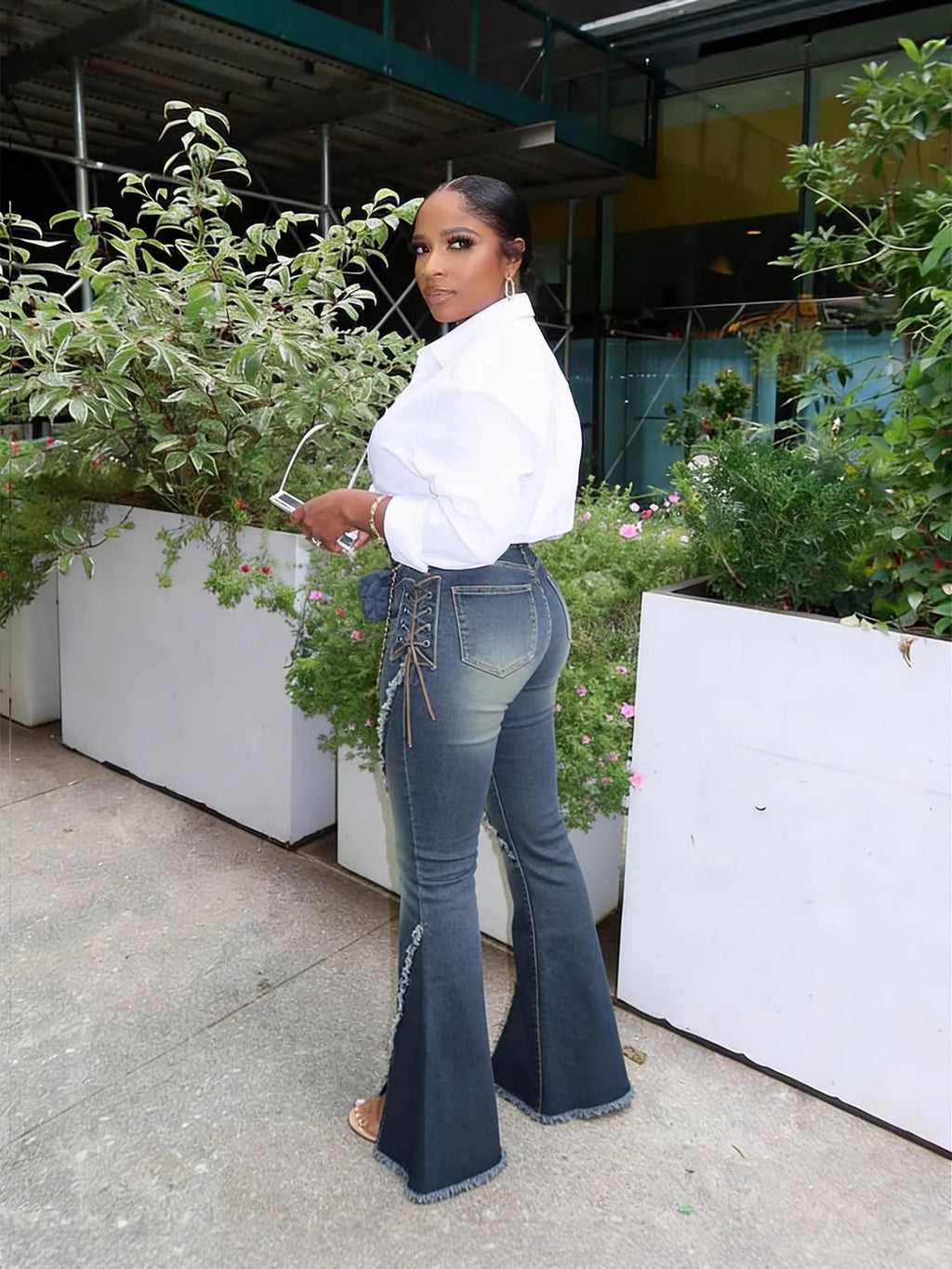 Women Raw Edge Lace-Up Bell Bottom Denim Pant