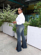 Women Raw Edge Lace-Up Bell Bottom Denim Pant