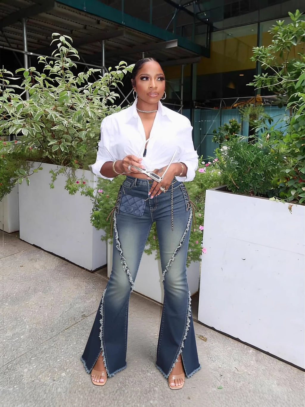 Women Raw Edge Lace-Up Bell Bottom Denim Pant
