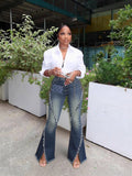 Women Raw Edge Lace-Up Bell Bottom Denim Pant