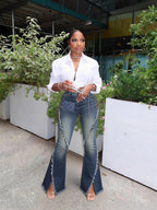 Women Raw Edge Lace-Up Bell Bottom Denim Pant