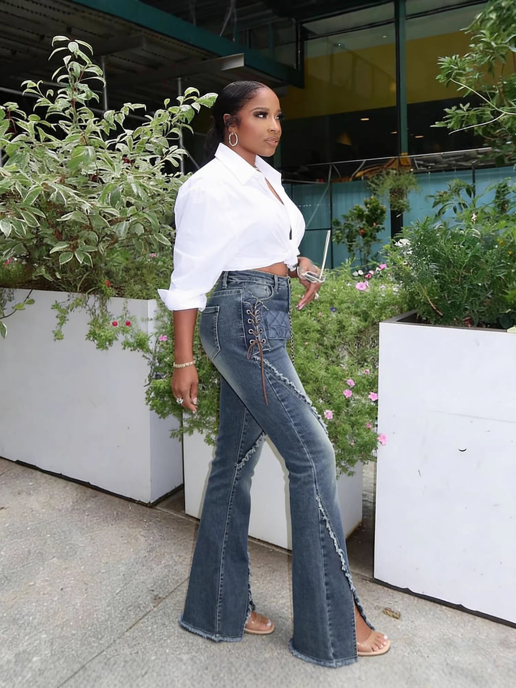 Women Raw Edge Lace-Up Bell Bottom Denim Pant