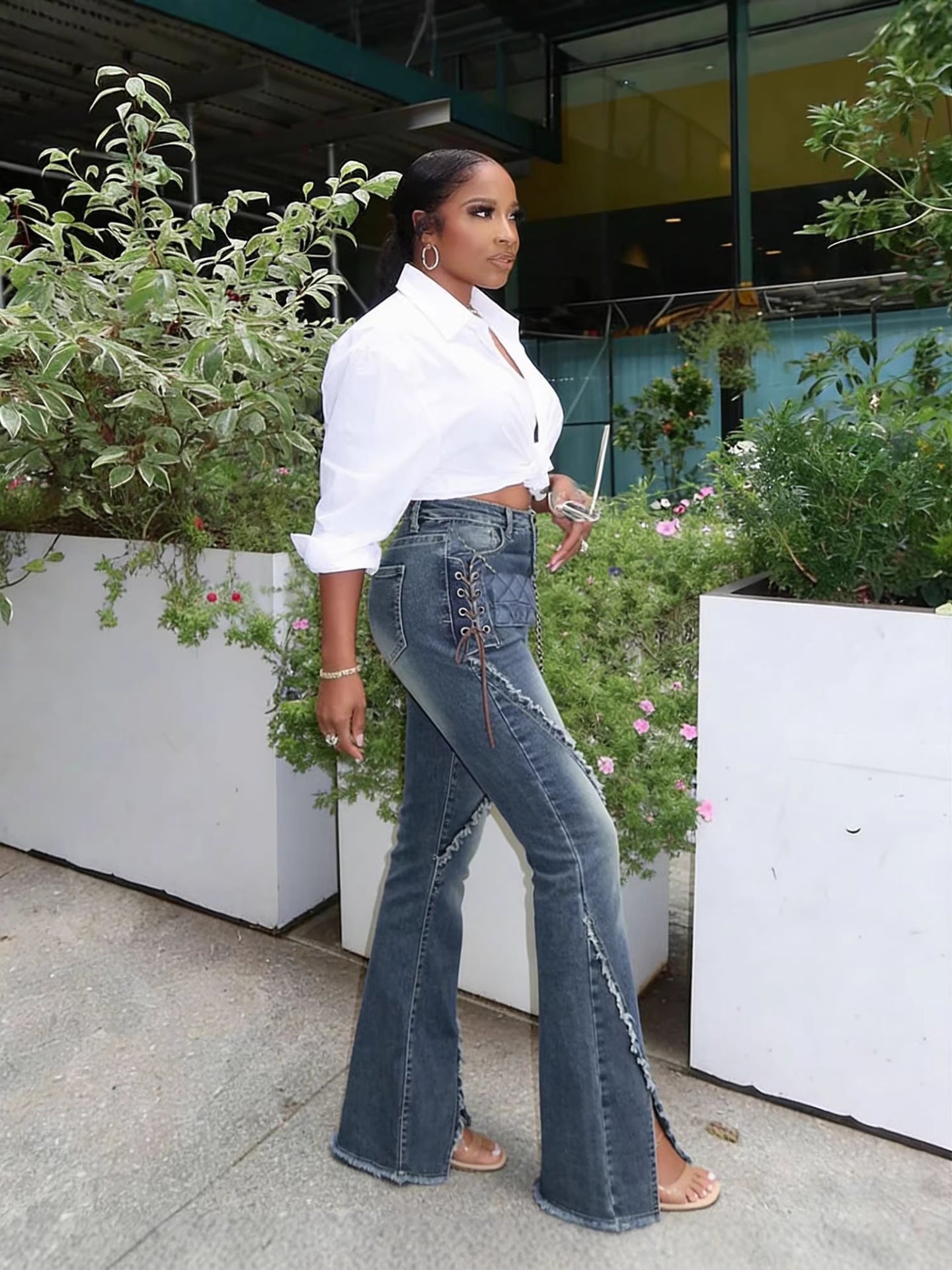 Women Raw Edge Lace-Up Bell Bottom Denim Pant