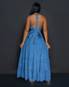 Women's Summer Sexy Fashion V Neck Strap Low Back Lace Up Denim Long Dress