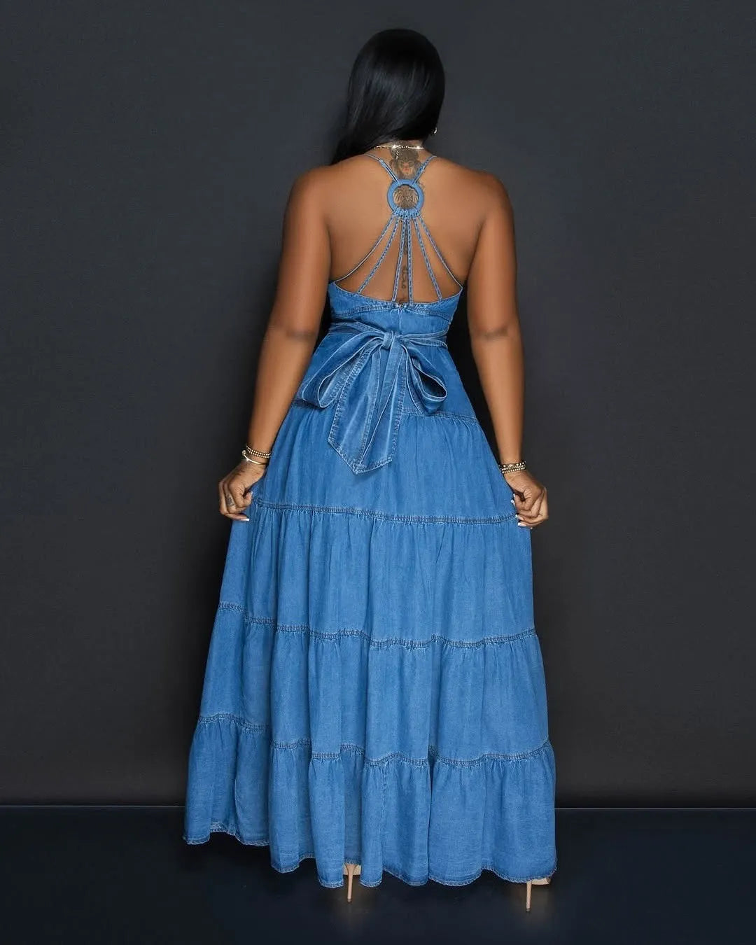 Women's Summer Sexy Fashion V Neck Strap Low Back Lace Up Denim Long Dress