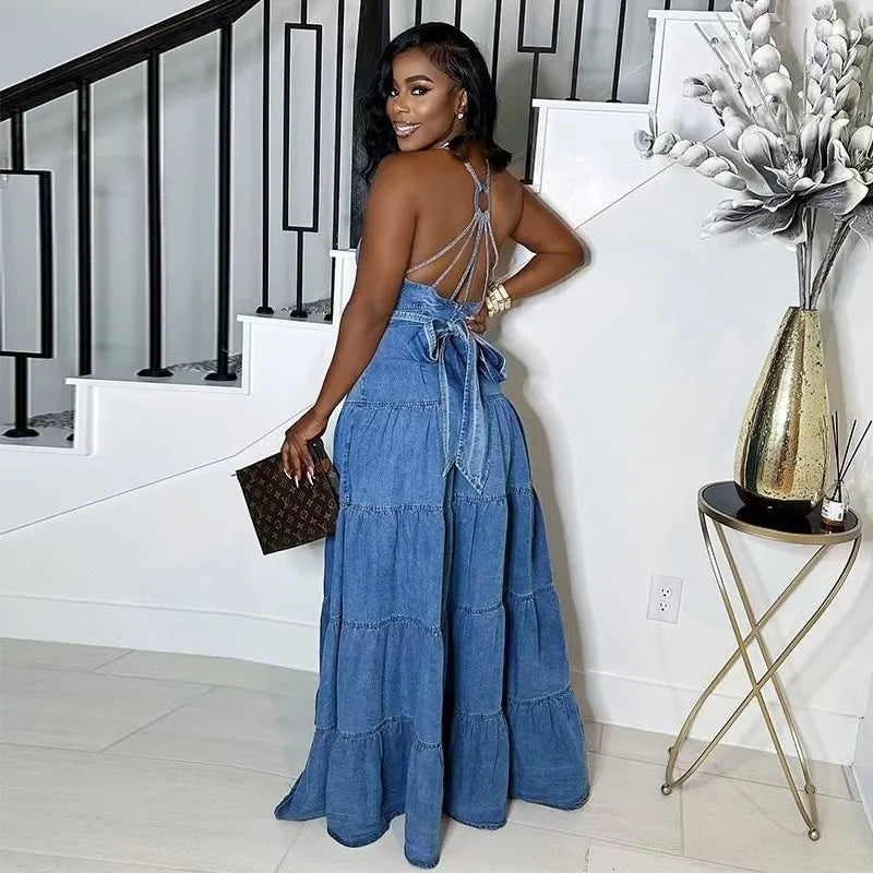 Women's Summer Sexy Fashion V Neck Strap Low Back Lace Up Denim Long Dress