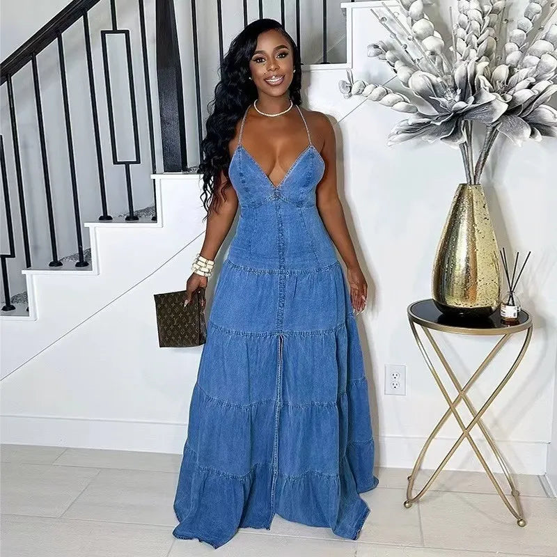Women's Summer Sexy Fashion V Neck Strap Low Back Lace Up Denim Long Dress