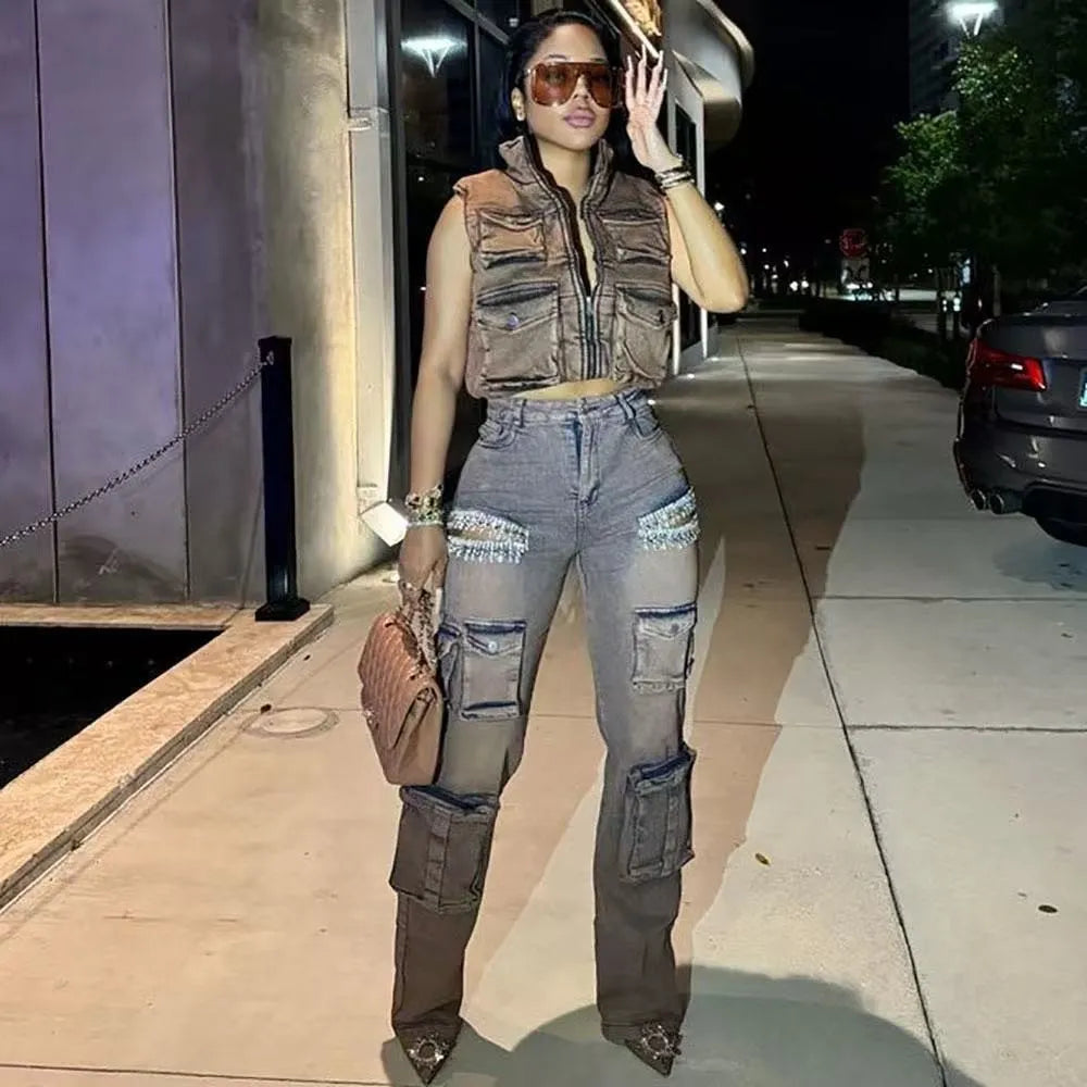 Fashionable Women's Multi-Pocket Cut Out Diamond Denim Pants