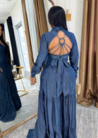 Dark Washed Denim Long Sleeve Open Back Jumpsuit