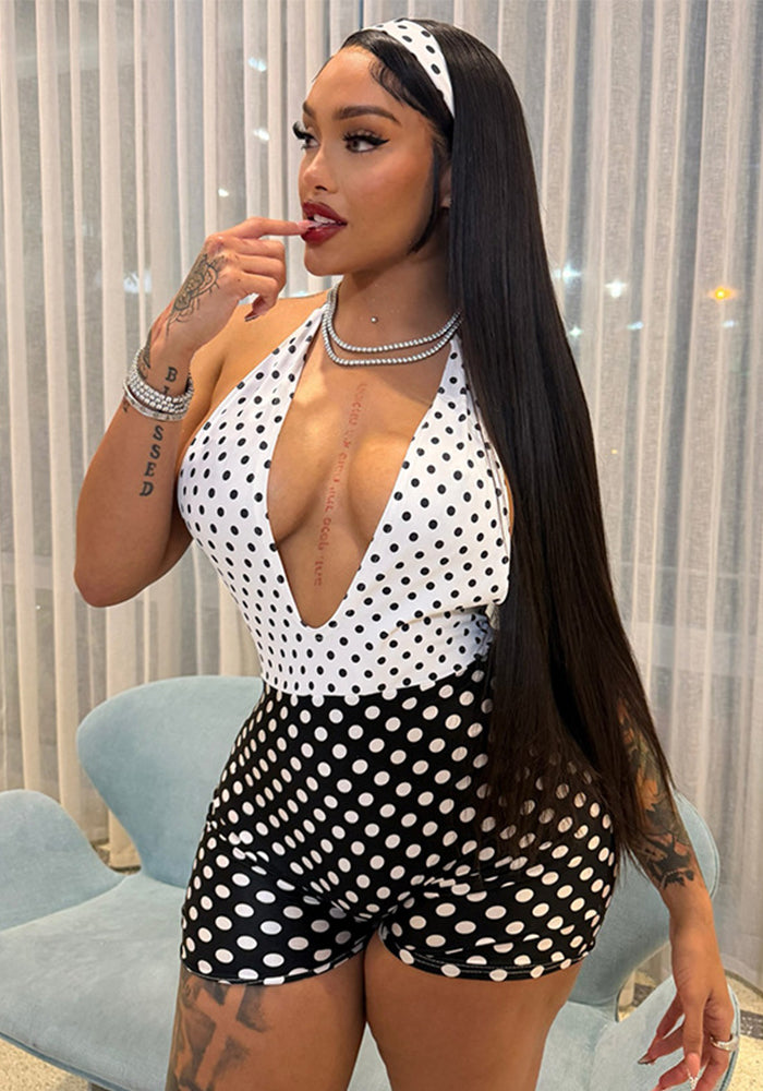 Women Winter Color Block Polka Dot Print Sexy Halter Neck Backless Jumpsuit