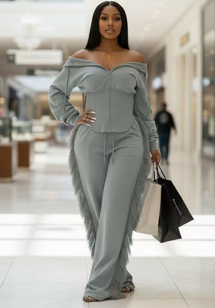 Women Casual Long Sleeve Zipper Top and Wide-Leg Pants Two-Piece Set