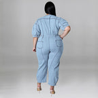 Plus Size Women summer short-sleeved zipper Denim Jumpsuit