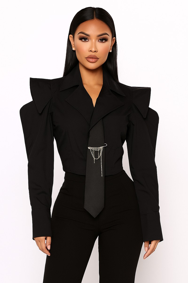 Poplin Crop Shirt Top with black tie