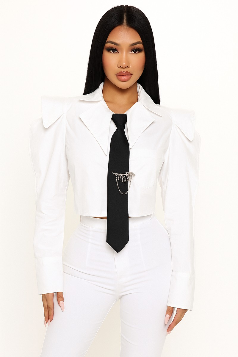 Poplin Crop Shirt Top with black tie