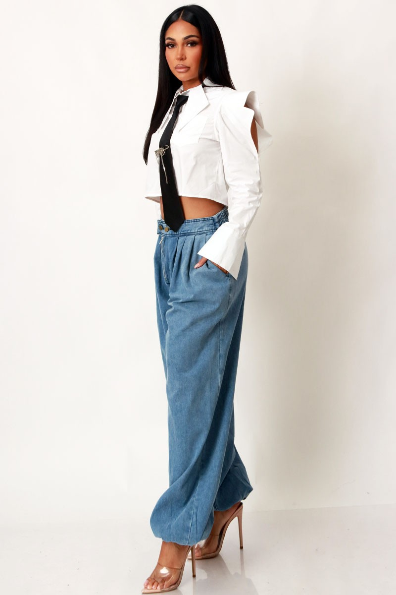 Poplin Crop Shirt Top with black tie