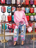 Rhinestone Distress Jeans With Print
