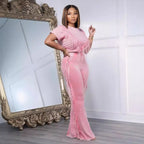 Solid Color Casual Short Sleeve Tassel Wide Leg Two-Piece Pants Set