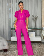 Women Elegant Lace Patchwork Tie-Waist Wide-Leg Jumpsuit