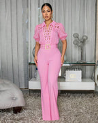 Women Elegant Lace Patchwork Tie-Waist Wide-Leg Jumpsuit