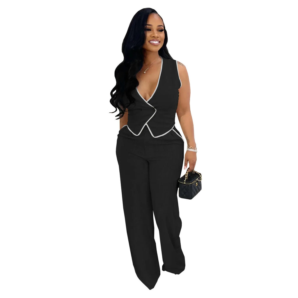 Women casual v-neck button top and trousers two-piece suit