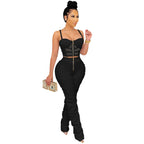 Women's Solid Color Sexy Strap Tube Top Zipper Vest & Pants Two-Piece Set