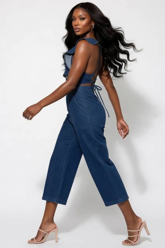 RUFFLE OPEN BACK WIDE LEG DENIM JUMPSUIT