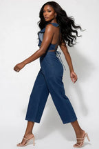 RUFFLE OPEN BACK WIDE LEG DENIM JUMPSUIT