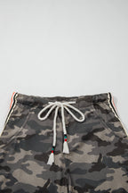 Green Camouflage Print Striped Side Panel Patchwork Drawstring Pants