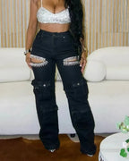 Fashionable Women's Multi-Pocket Cut Out Diamond Denim Pants
