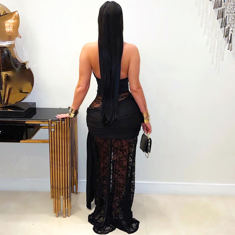 Women Summer Lace Patchwork Halter Neck Slit Ribbon Dress