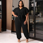 Plus Size Women Summer Button Tie Solid Top And Pant Casual Two-piece Set