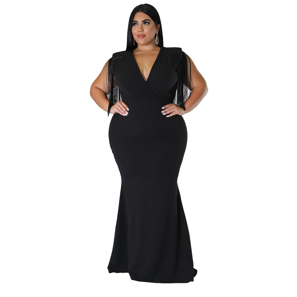 Plus Size Women Sexy V-Neck Sleeveless Fringe Dress