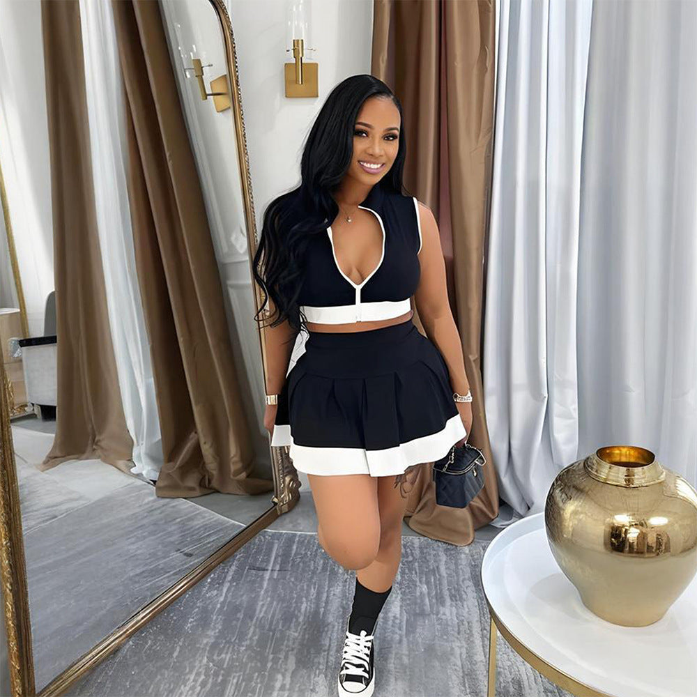 Contrast Color Sleeveless zipper top short skirt set