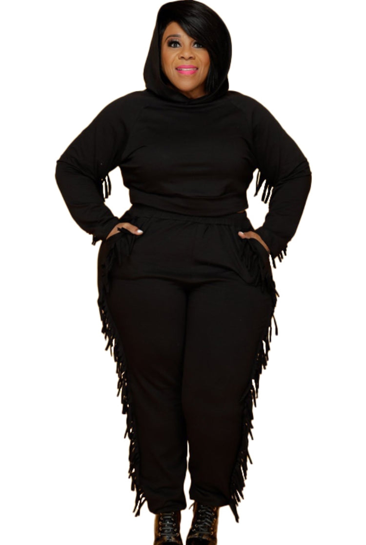 Autumn Plus Size Black Tassels Hoody Top and Pants Sweatsuit