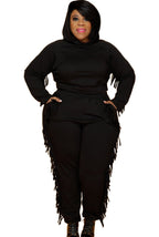 Autumn Plus Size Black Tassels Hoody Top and Pants Sweatsuit