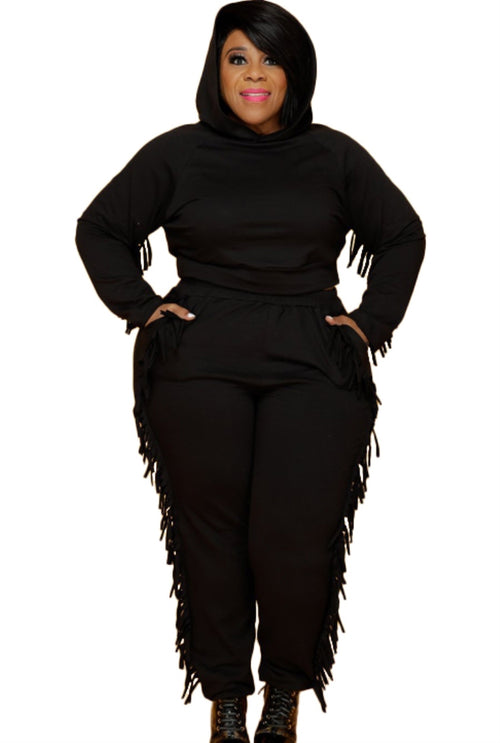Autumn Plus Size Black Tassels Hoody Top and Pants Sweatsuit