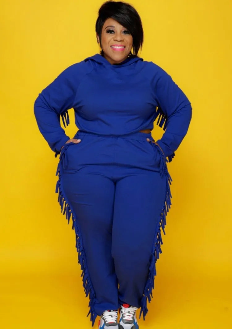 Autumn Plus Size Black Tassels Hoody Top and Pants Sweatsuit
