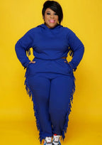 Autumn Plus Size Black Tassels Hoody Top and Pants Sweatsuit