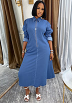 Women's Casual Turndown Collar Zip-Up Washed Denim Dress