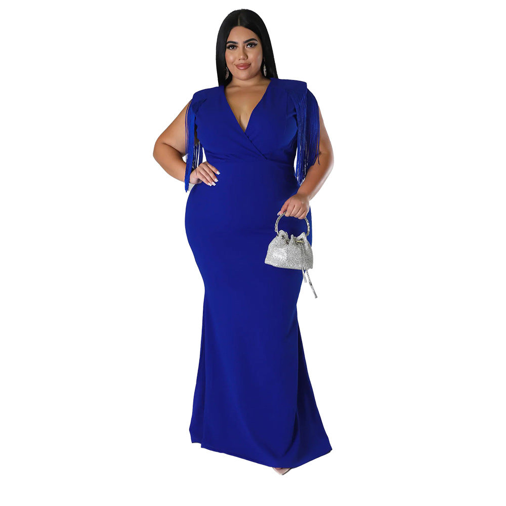 Plus Size Women Sexy V-Neck Sleeveless Fringe Dress