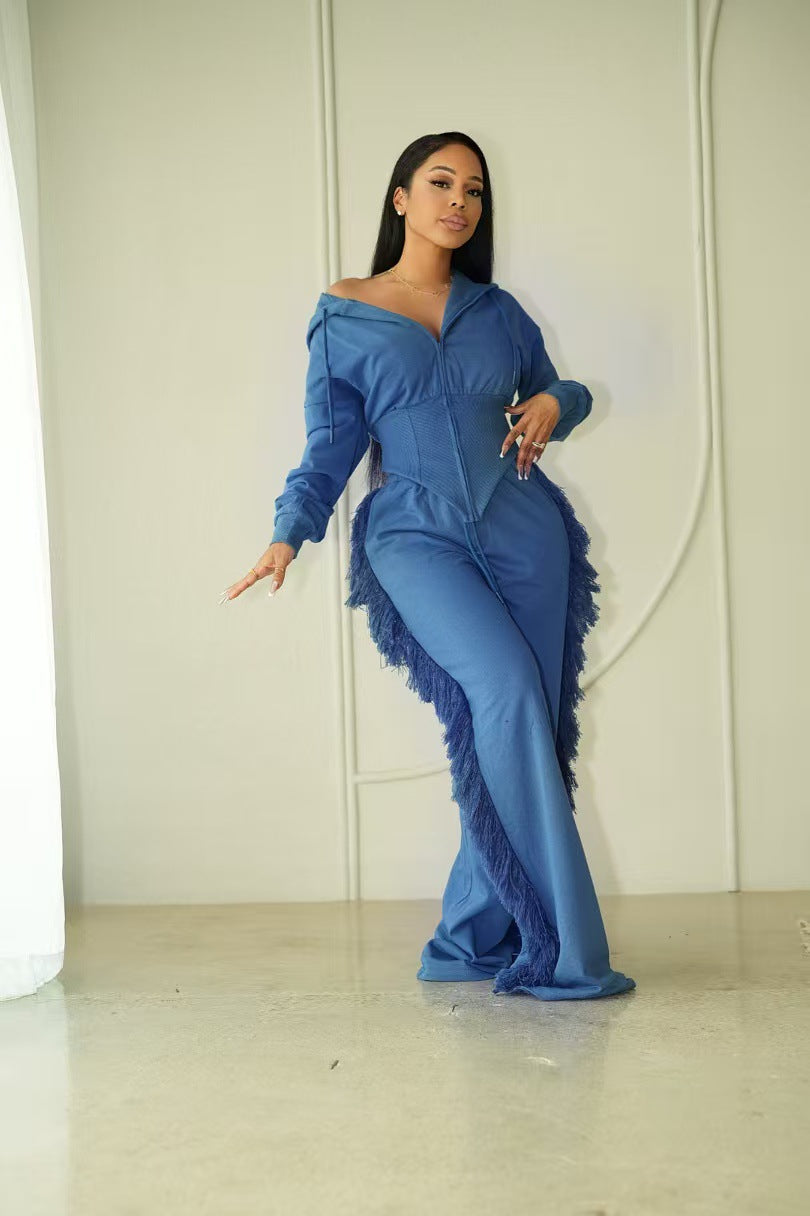 Women Casual Long Sleeve Zipper Top and Wide-Leg Pants Two-Piece Set