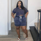Plus Size Women Print Stretch Short Sleeve Top and Shorts Casual Two-Piece Set