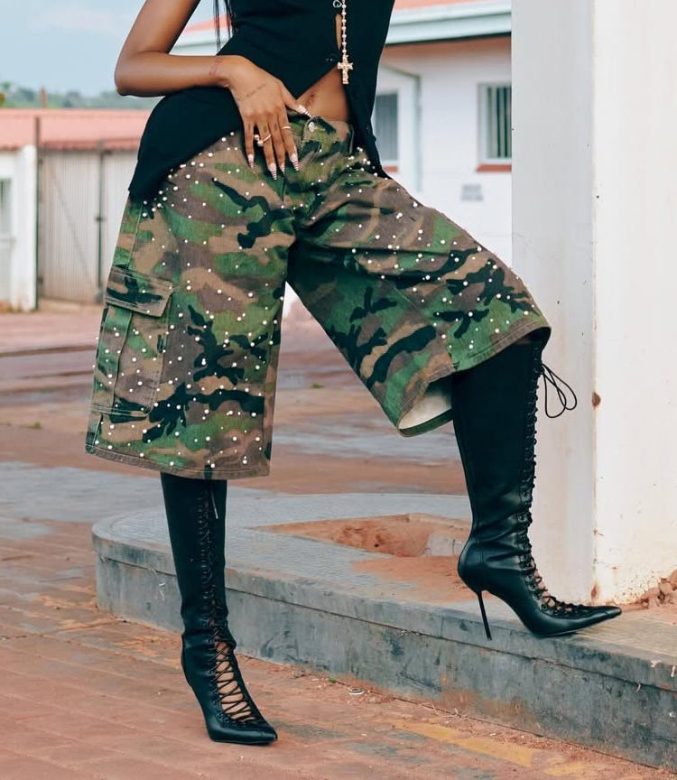 Women Pearl Rhinestone Camouflage American Cargo Denim Shorts